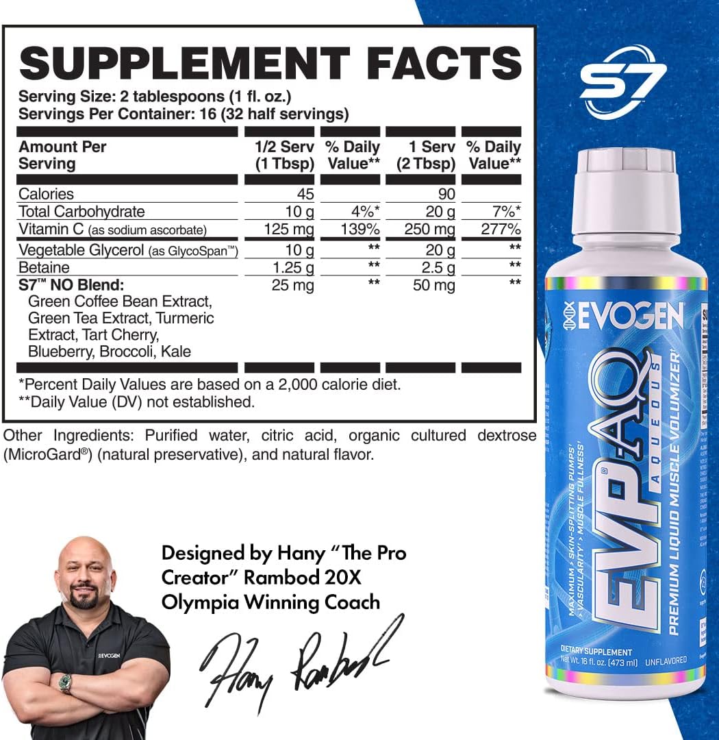 Evogen EVP AQ Liquid Glycerol | Muscle Volumizer | Unflavored | 16 Fl Oz | S7 nitric oxide blend with betaine anhydrous for pumps, vascularity, fullness and hydration; low-stim and clean