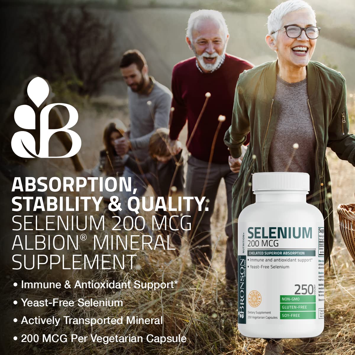 Bronson Selenium 200 mcg – Yeast Free Chelated Amino Acid Complex - Essential Trace Mineral with Superior Absorption, 250 Vegetarian Capsules