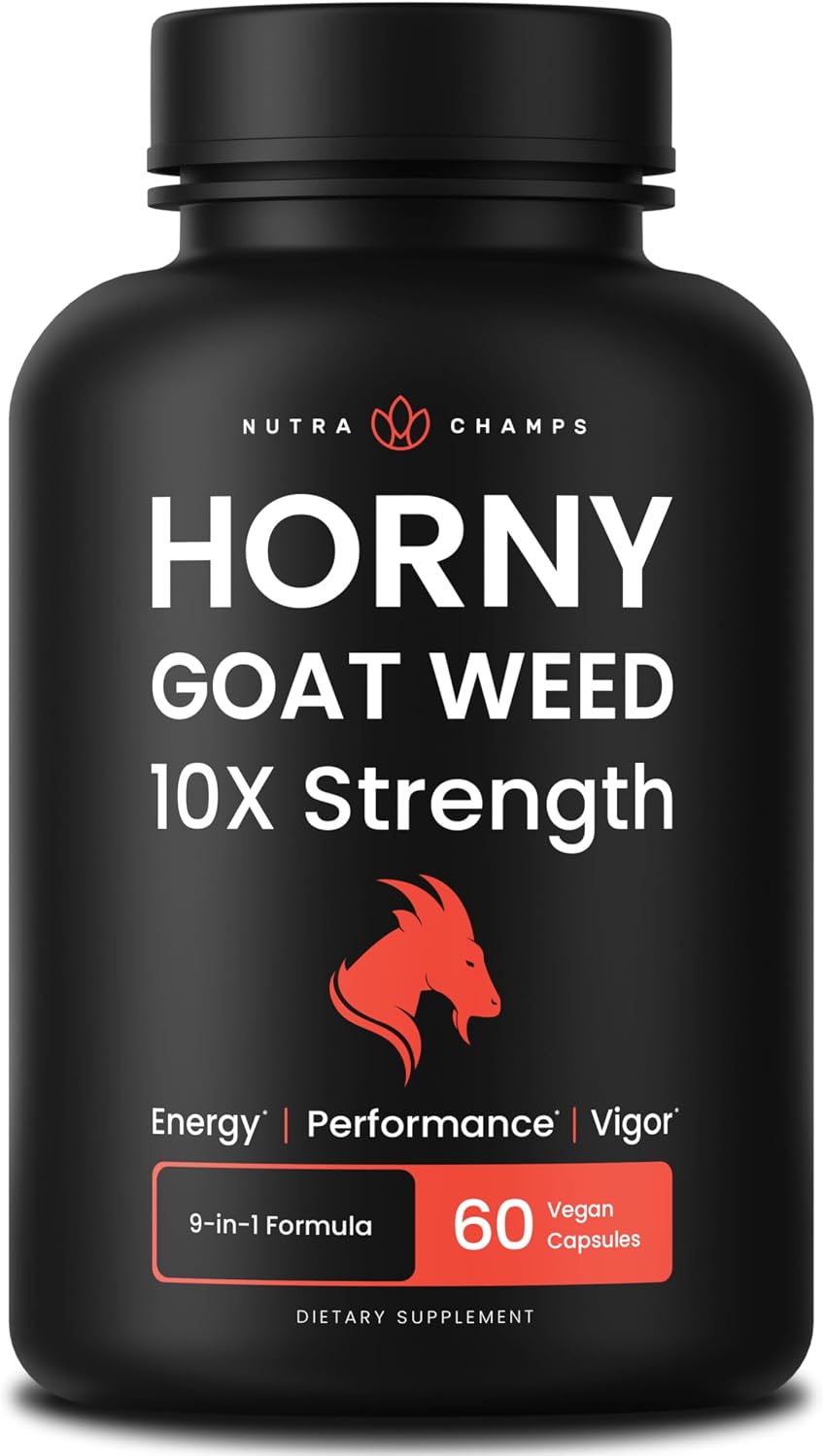 NutraChamps Horny Goat Weed, 1000mg Epimedium Energy Supplement, 10X Strength Icariin, Ginseng, Tribulus & Maca Pills for Women & Men, Enhanced Absorption with Black Pepper, 60 Vegan Capsules
