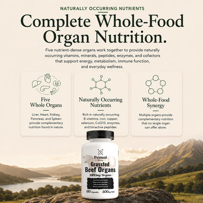 Primal Being Grassfed Beef Organ Complex - Liver, Heart, Pancreas, Spleen, & Kidney- Supports Overall Health & Performance - 180 Capsules, 3000mg per Serving