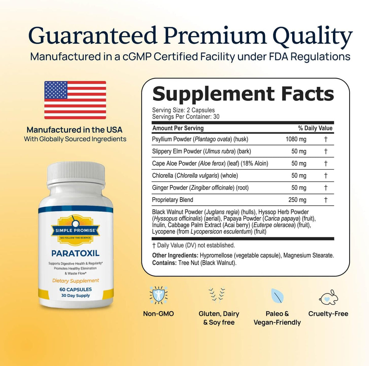 Paratoxil - Psyllium Husk Fiber Capsules for Gut Cleanse - Black Walnut | Gentle Fiber Supplement, For Digestive Comfort, With Slippery Elm and Chlorella, Two Capsules Daily, Vegan