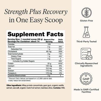 The 'Pause Life Protein + Creatine + BCAAs, Vanilla, Whey Protein, 17.8 oz | Creavitalis creatine monohydrate + whey protein + BCAAs for men & women. Gluten free, low sugar, non-GMO. 14 servings.