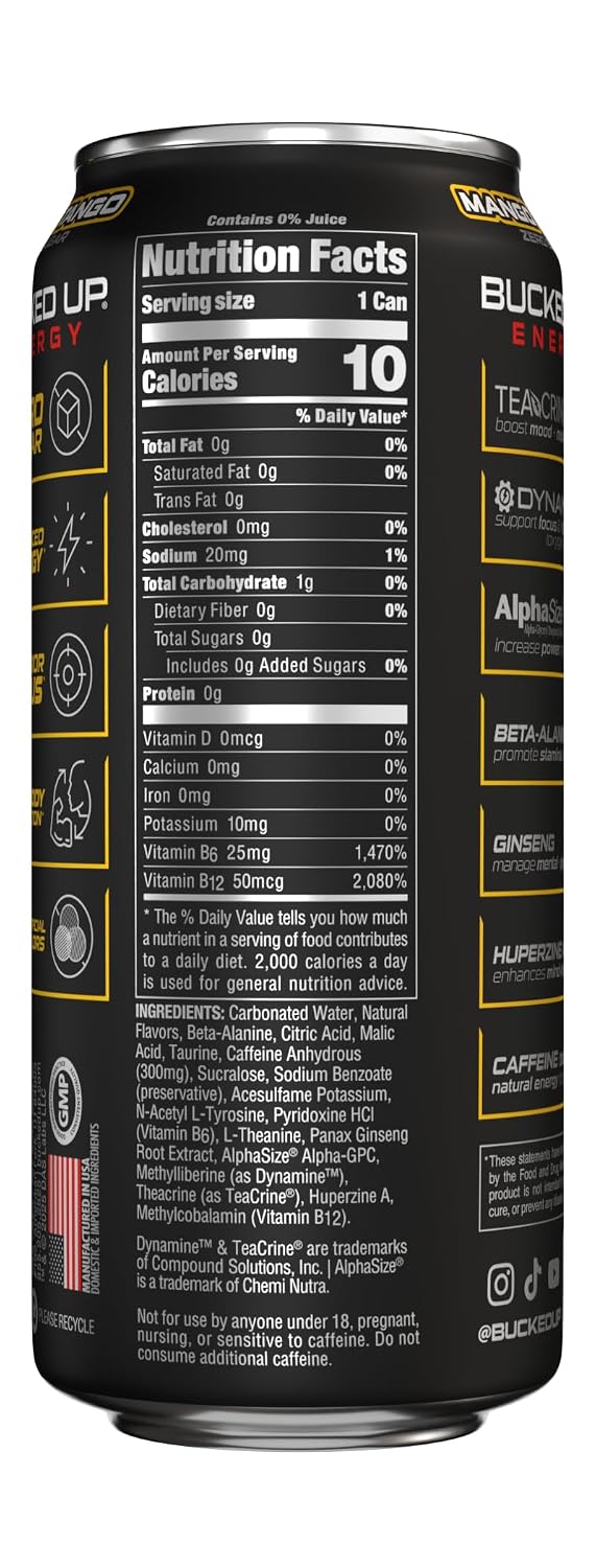 Bucked Up Energy Zero Sugar | 300mg Caffeine Energy Drink with AlphaSize TeaCrine Dynamine and Huperzine A | Zero Sugar Performance Beverage, 12 Pack, 16 fl oz Cans (Mango Tango)