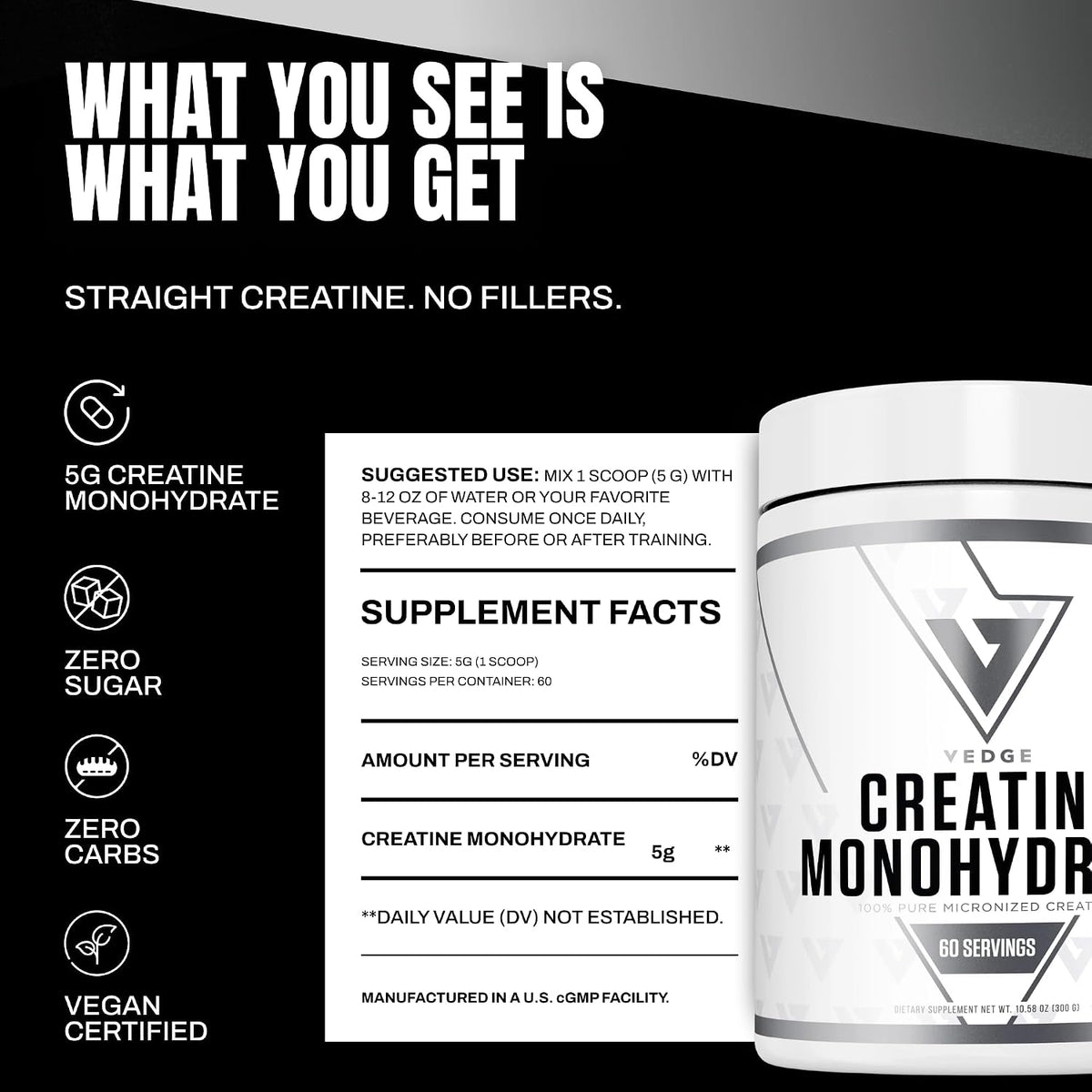 VEDGE Creatine Monohydrate, Micronized Creatine Monohydrate, Unflavored | 5 g Creatine Monohydrate, Micronized Formula For Women And Men Supporting Strength And Daily Training Performance, 30 Srv