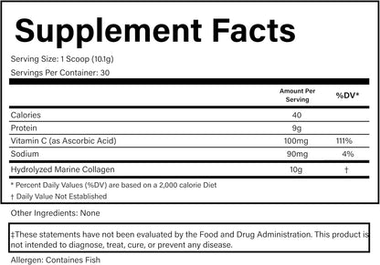 PURE® Hydrolyzed Marine Collagen Powder - 10g Collagen per Serving - 30 Servings Unflavored - with 100mg Vitamin C for Maximum Absorption - Skin, Hair, Nail & Joint Support - Non-GMO, Made in USA