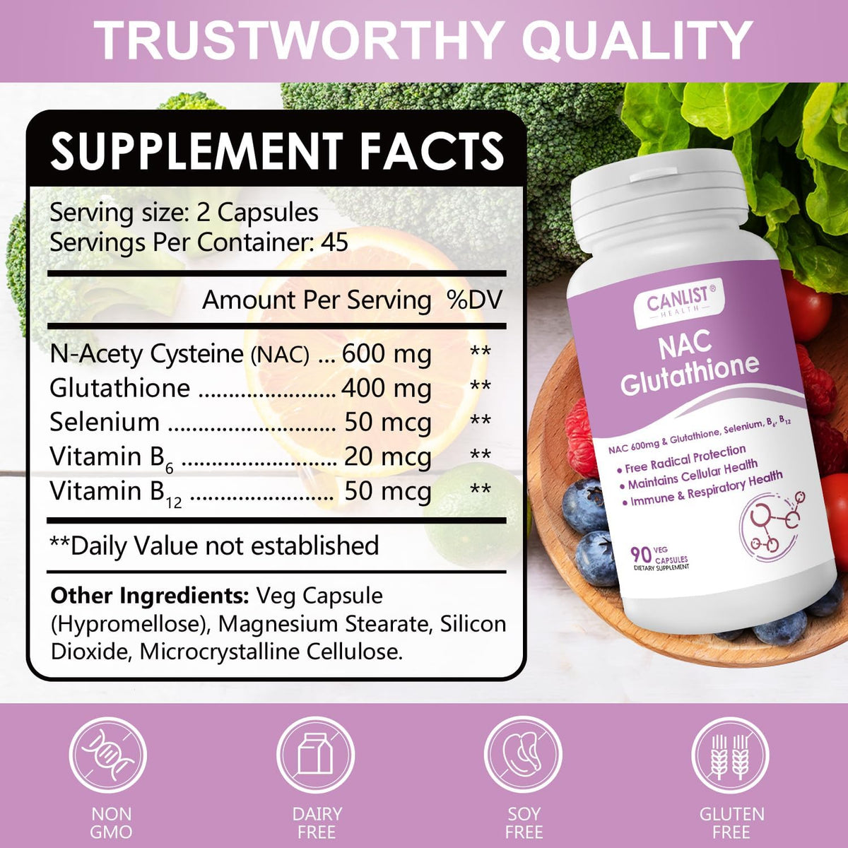 CANLIST NAC Supplement (N-Acetyl Cysteine) 600mg with Glutathione 400mg, Enhanced Absorption for Liver Health, Antioxidant Support & Detox, Non-GMO, Gluten Free, 90 Veggie Capsules