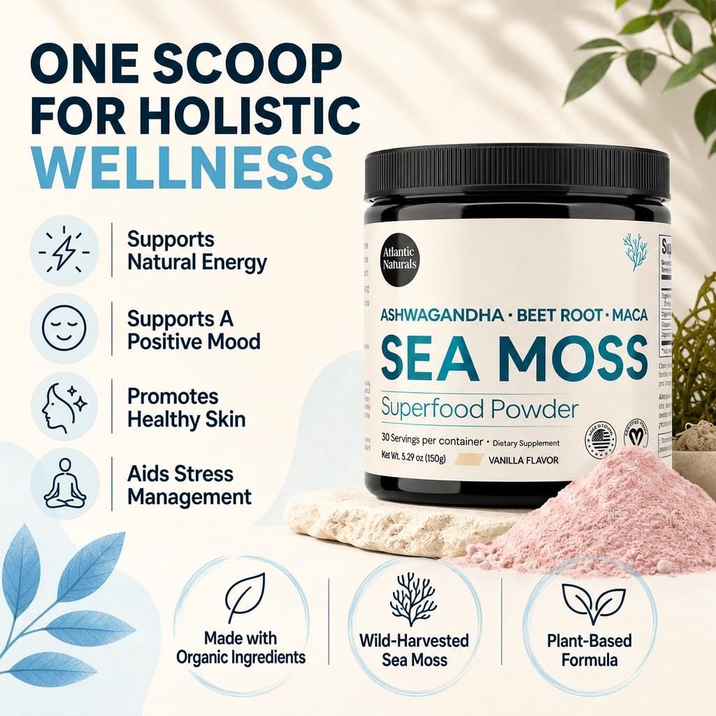 Atlantic Naturals Organic Sea Moss Powder with Beet Root Powder, Ashwagandha & Maca Root – Superfood Reds & Adaptogen Blend for Energy, Mood & Skin – Vanilla Flavor Drink Mix (150g)