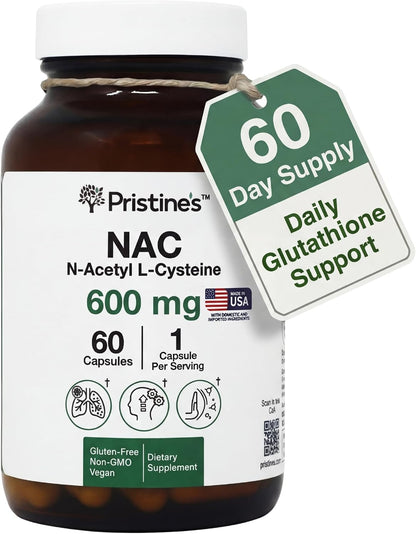 PRISTINE'S NAC 600mg N-Acetyl Cysteine Capsules, Glutathione Support | Glutathione support in a simple NAC capsule routine. Antioxidant support, 60 day supply, vegan, non-GMO, gluten-free