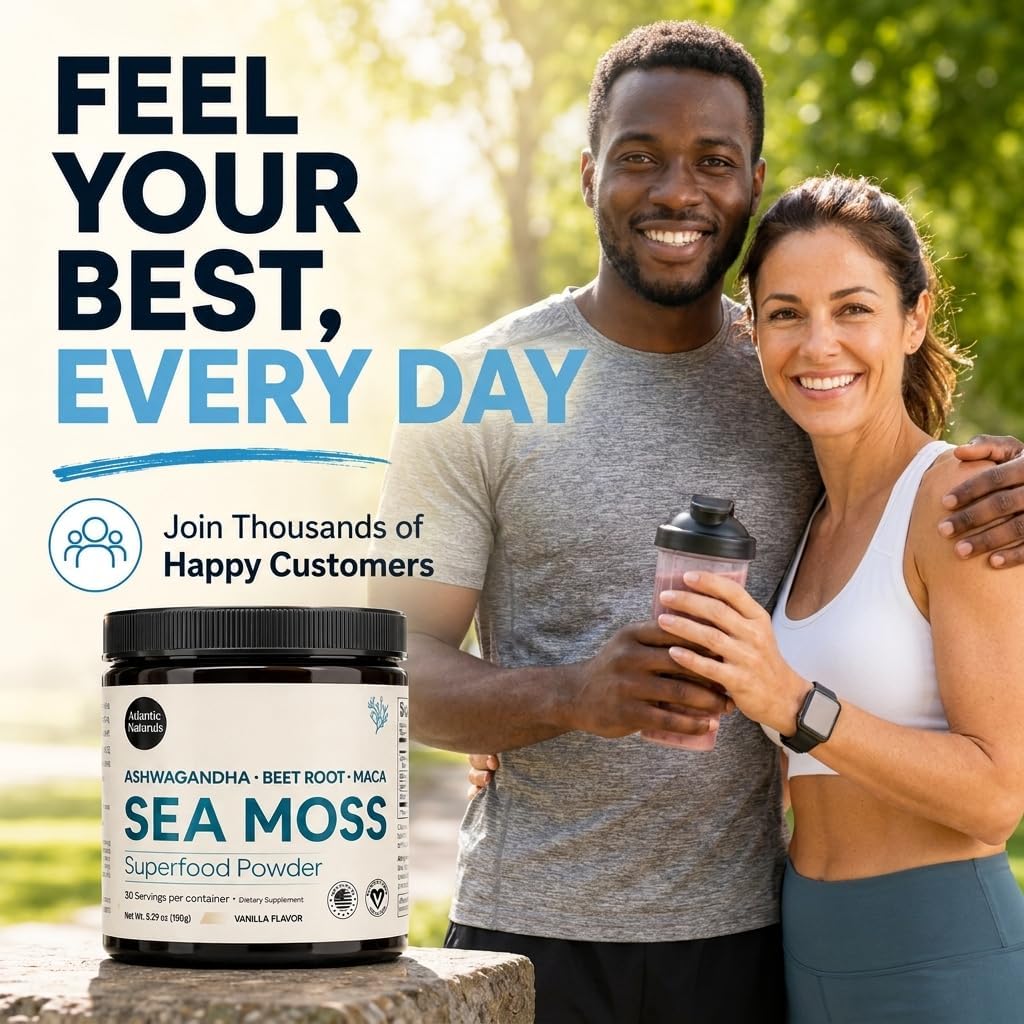 Atlantic Naturals Organic Sea Moss Powder with Beet Root Powder, Ashwagandha & Maca Root – Superfood Reds & Adaptogen Blend for Energy, Mood & Skin – Vanilla Flavor Drink Mix (150g)