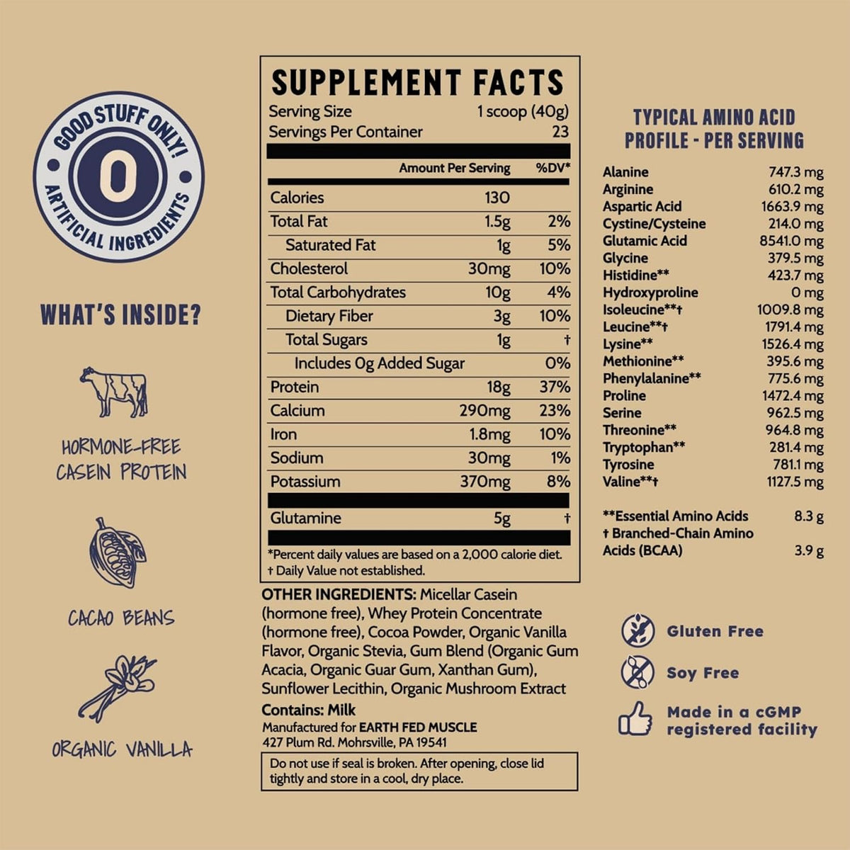 Earth Fed Muscle Nocturnal Casein Protein, Dark Chocolate, 23 Servings | Slow-digesting micellar casein & whey blend, 18g protein, sugar free. Ideal nighttime shake for overnight muscle recovery.