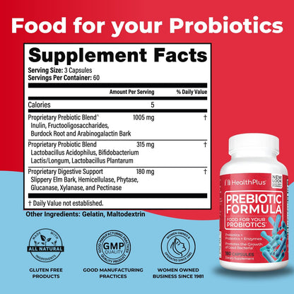 Health Plus Prebiotic Formula Digestive Support, 180 Capsules, 60 Servings | Gluten and dairy free formula with probiotics, prebiotics, and digestive enzymes for daily digestive balance and comfort