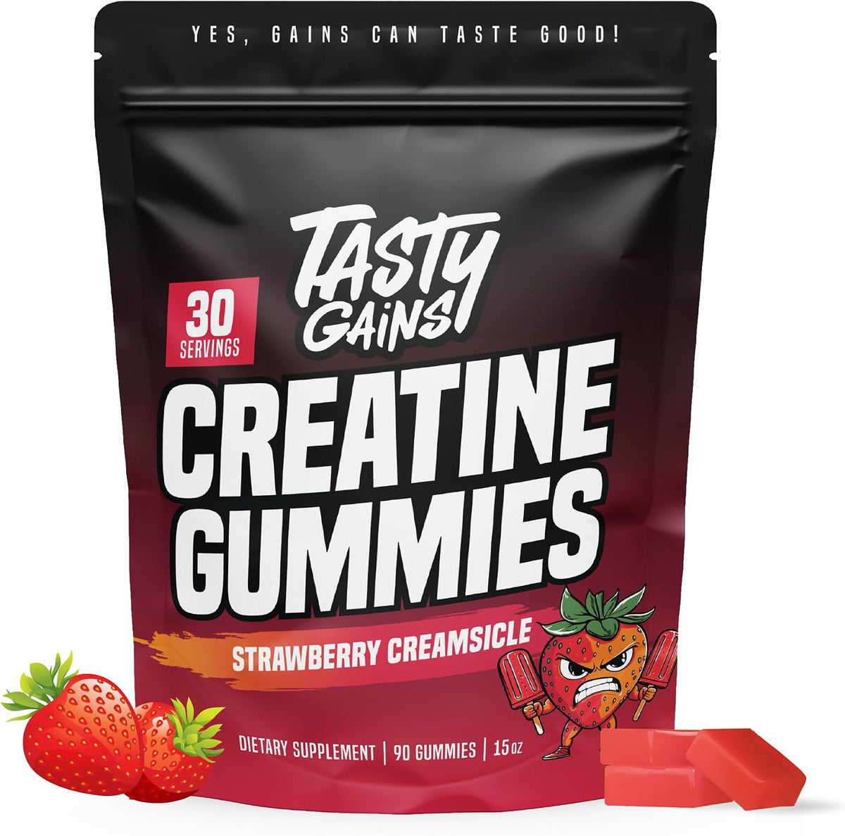TASTY GAINS Creatine Gummies - 90g of Creatine Monohydrate - Workout Supplements - Build Muscle & Boost Strength for Men & Women - Made in USA - Non GMO - (Large, Strawberry Creamsicle Flavor)