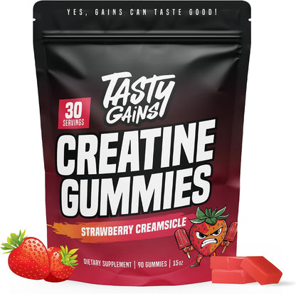 TASTY GAINS Creatine Gummies - 90g of Creatine Monohydrate - Workout Supplements - Build Muscle & Boost Strength for Men & Women - Made in USA - Non GMO - (Large, Strawberry Creamsicle Flavor)