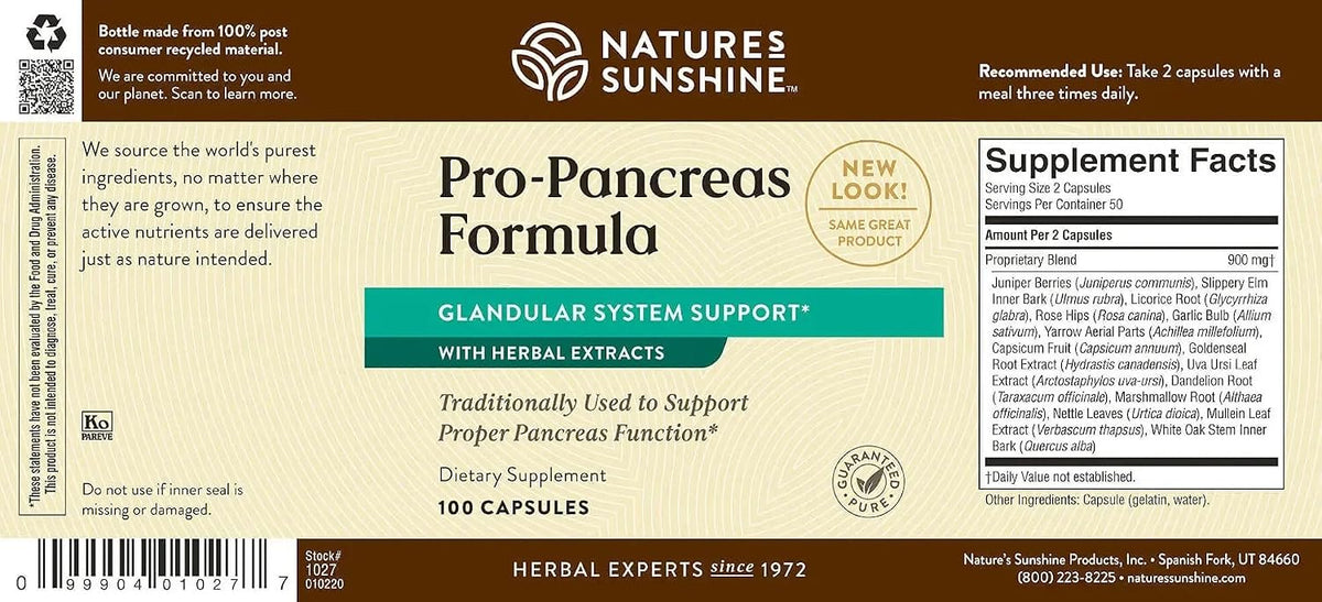 Nature's Sunshine Pro-Pancreas, 100 Capsules, Kosher | Herbal Formula Enhances Digestion, Promotes Immunity, and Helps the Liver and Pancreas