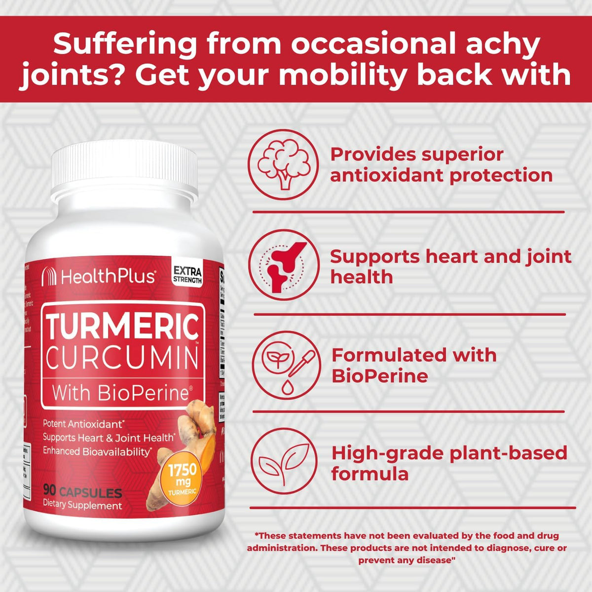 Health Plus Turmeric Curcumin with BioPerine, 90 Capsules, 30 Servings | 150mg Turmeric Extract 95% Curcuminoids with BioPerine, no preservatives; supports joint health and antioxidant protection