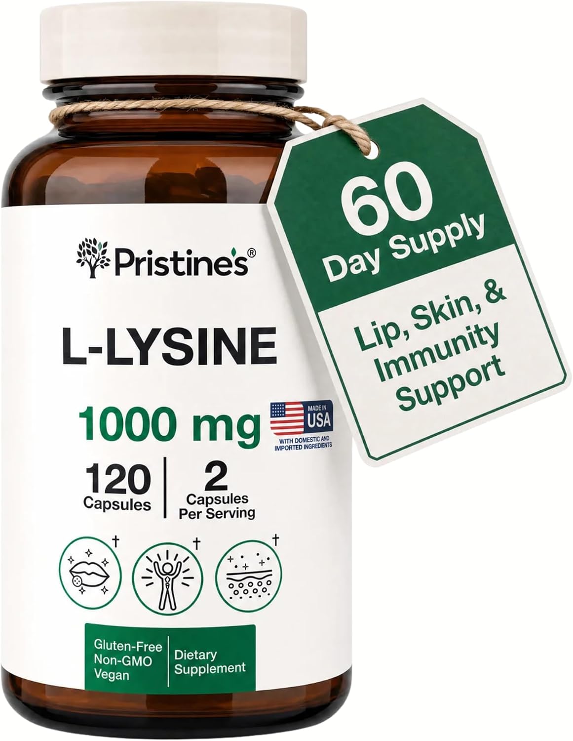 PRISTINE'S L-Lysine 1000mg Capsules, Lip Health & Immune Support, Vegan | Daily amino acid support for lip health and immune wellness. 60 day supply, vegan, non-GMO, gluten-free, glass bottle