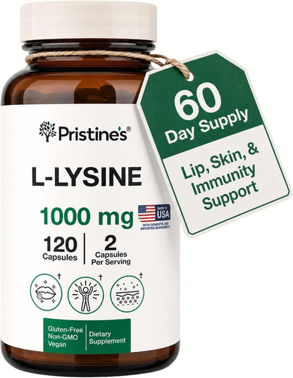 PRISTINE'S L-Lysine 1000mg Capsules, Lip Health & Immune Support, Vegan | Daily amino acid support for lip health and immune wellness. 60 day supply, vegan, non-GMO, gluten-free, glass bottle