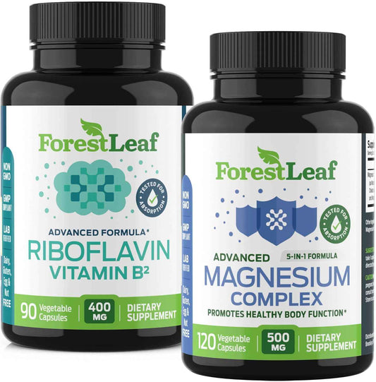 ForestLeaf Riboflavin & Magnesium Migraine Supplement - Riboflavin 400mg for Headache Relief - Ultimate Magnesium Bundle with B2 Vitamin 400mg for Headache Migraine Relief Capsules
