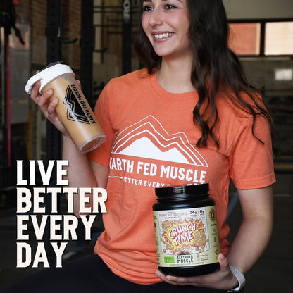 Earth Fed Muscle Crunch Irish Whey Protein, Peanut Butter Cookie | Irish grass-fed whey protein with real peanut flour. Peanut butter cookie flavor, Third-Party Certified. 2 lb tub.