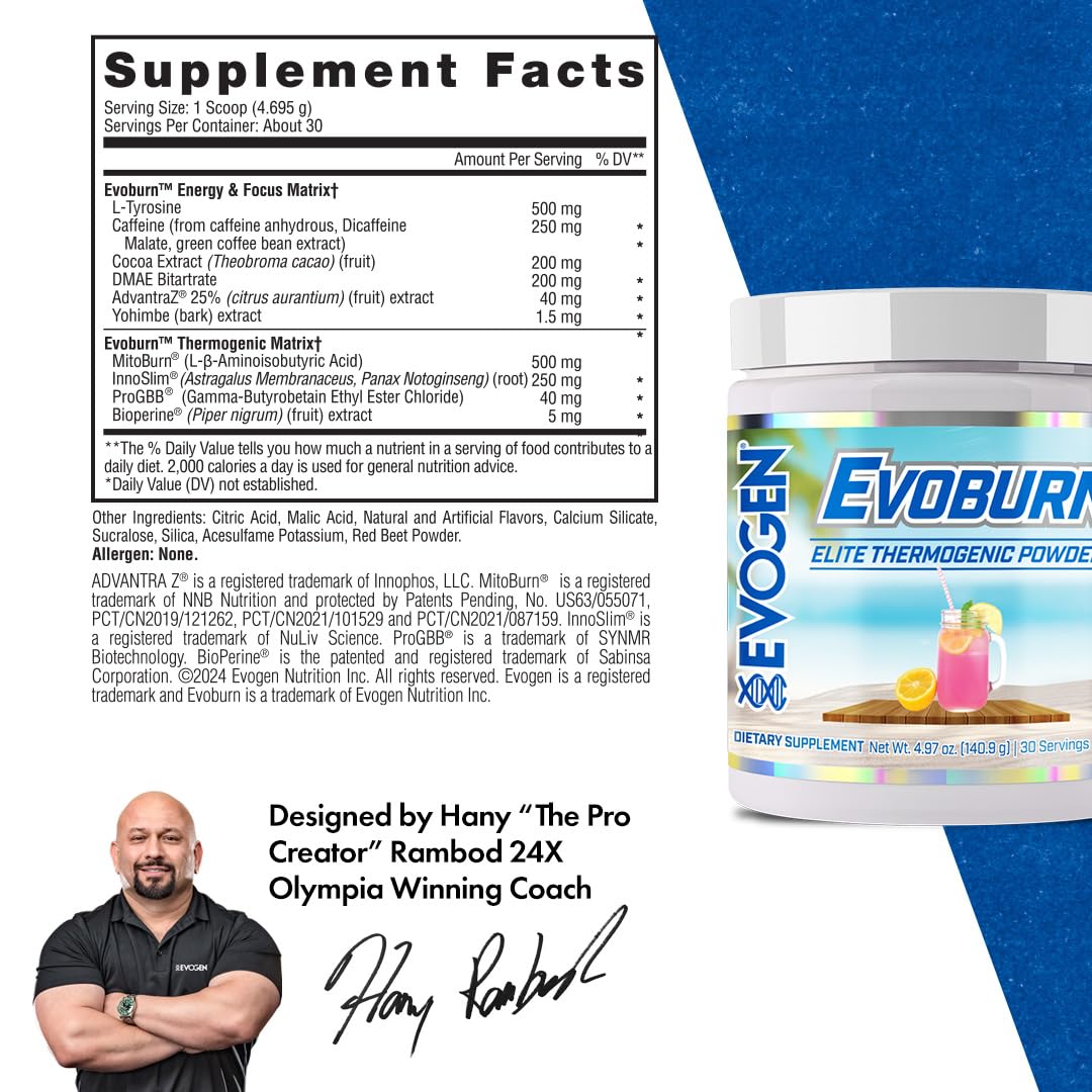 Evogen Evoburn Thermogenic | Mango | 30 Servings | MitoBurn, InnoSlim and ProGBB with caffeine, L-tyrosine, cocoa extract, DMAE and AdvantraZ for energy, focus and metabolism