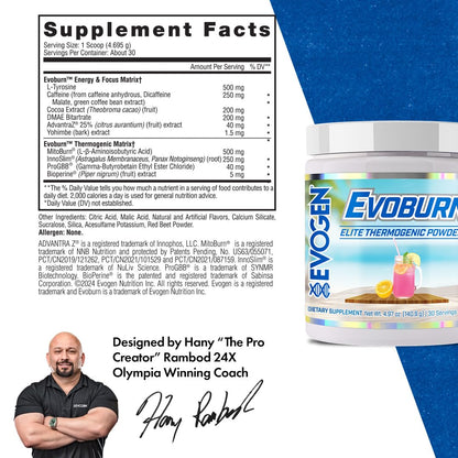Evogen Evoburn Thermogenic | Mango | 30 Servings | MitoBurn, InnoSlim and ProGBB with caffeine, L-tyrosine, cocoa extract, DMAE and AdvantraZ for energy, focus and metabolism