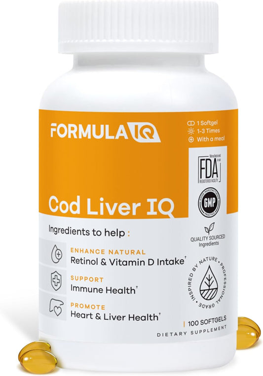 Suplement Product​Formula IQ - Cod Liver IQ - Cod Liver Oil Softgels - Natural Source of Vitamins A & D and Omega-3 Fatty Acids - Heart, Liver & Immune Health - 100 Softgels - PureBliss USA