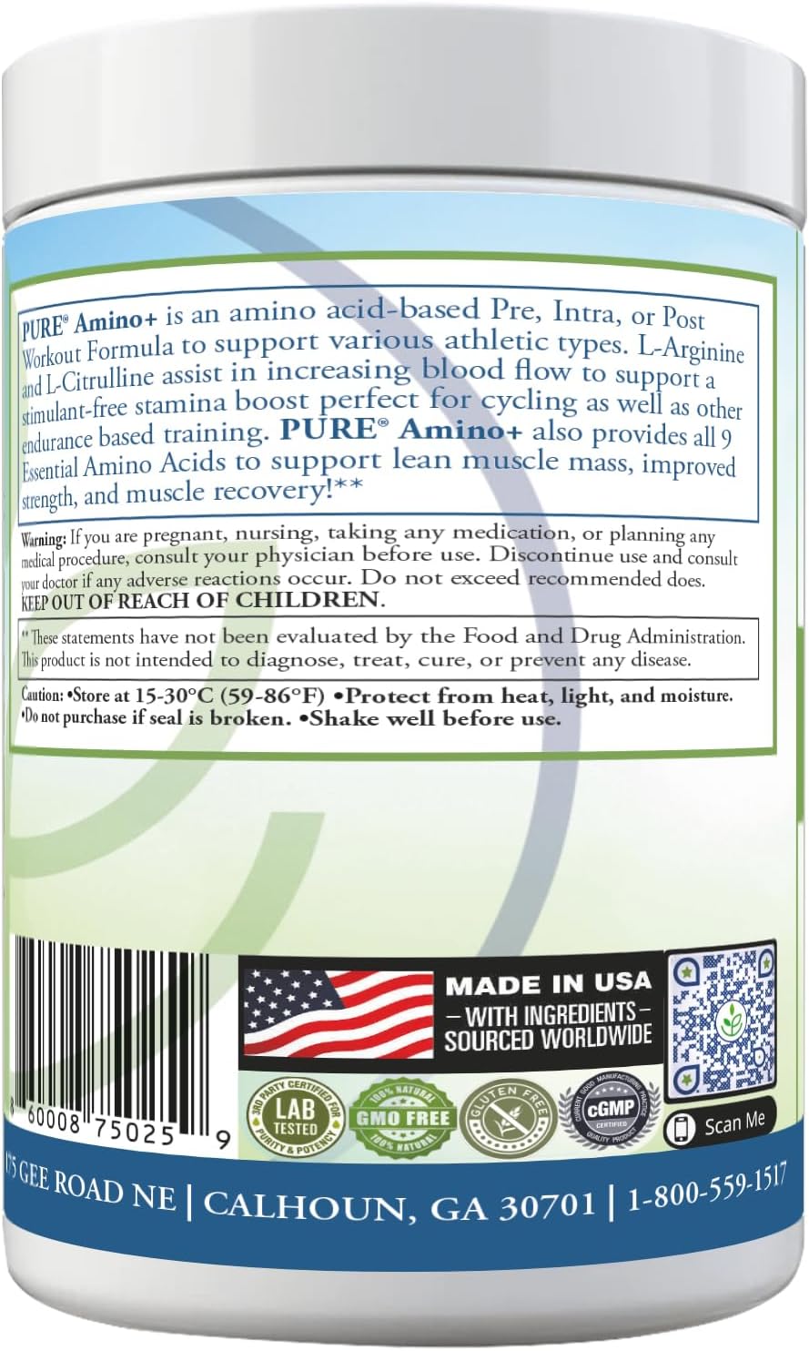 PURE® Amino+ Essential Amino Acids Powder - 30 Servings, 500g - Full Spectrum EAA with L-Arginine, L-Citrulline & Beet Root - Muscle Recovery & Hydration Drink - Fruit Punch Flavor, Made in USA