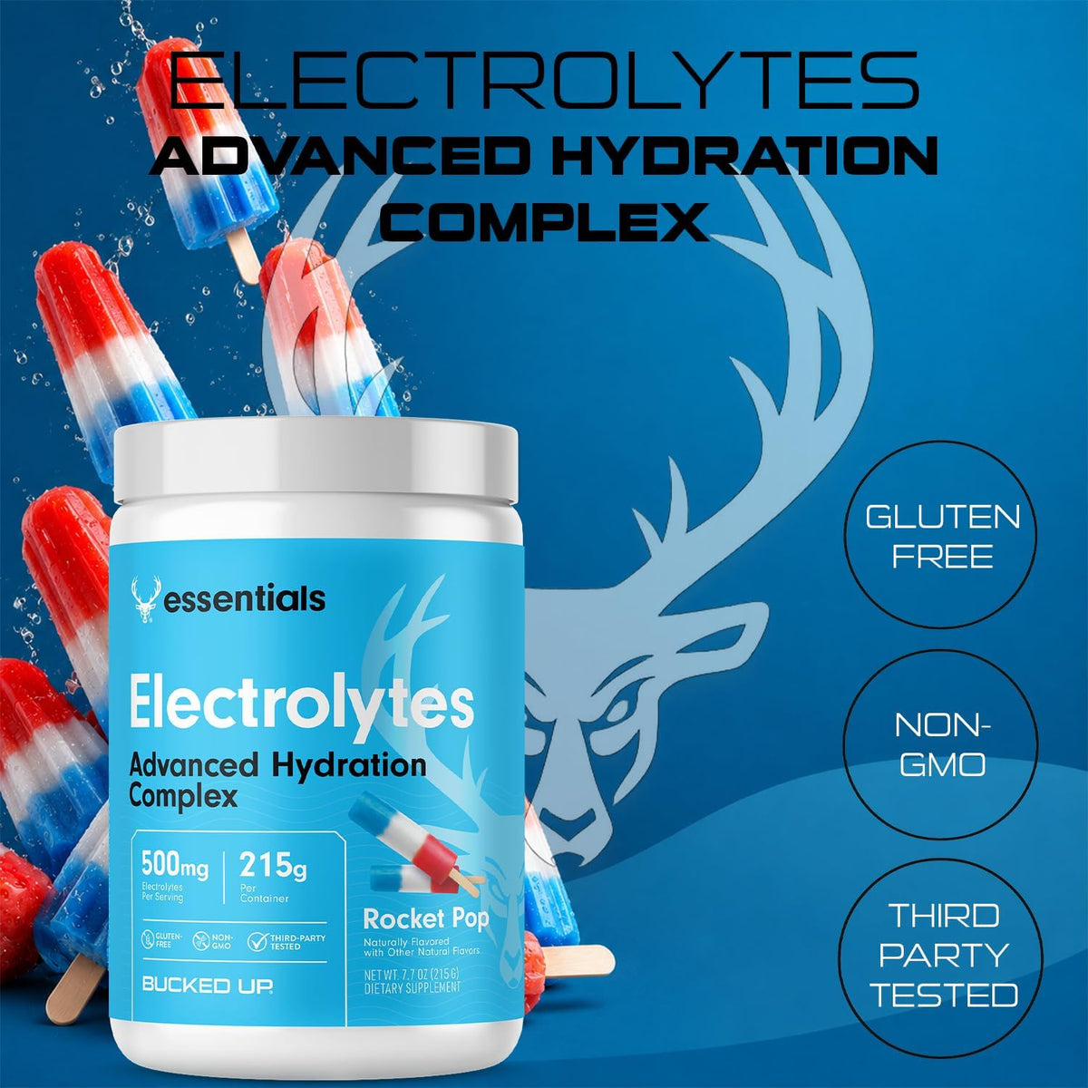 Bucked Up Essentials Electrolytes Rocket Pop | Advanced Hydration Complex with 500 mg Electrolytes Per Serving | Gluten Free Non GMO Third Party Tested Drink Mix | 230g (50 Servings)