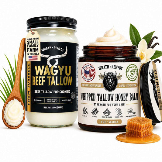 Wrath & Remedy Organic Beef Tallow for Skin - 4 OZ (Vanilla) & Wagyu Beef Tallow for Cooking (14 oz)