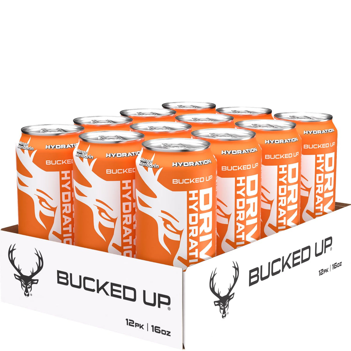 Bucked Up Drive Hydration and Energy | Zero Sugar Electrolyte Drink with GeniusPure Alpha-GPC & 50mg Natural Caffeine | No Artificial Colors | Performance Hydration Beverage | 12 Pack, 16 fl oz Cans | (Mango Mandarin)