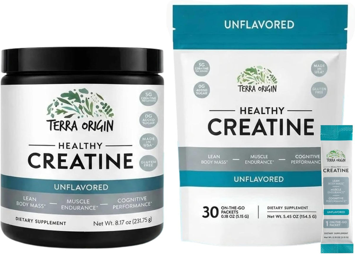 TERRA ORIGIN Creatine Monohydrate Bundle | 75 Servings Stick Pack and Jar Combo | Micronized Powder Supplement | Support for Muscle and Cognitive Performance* | Unflavored, Gluten Free, Zero Sugar