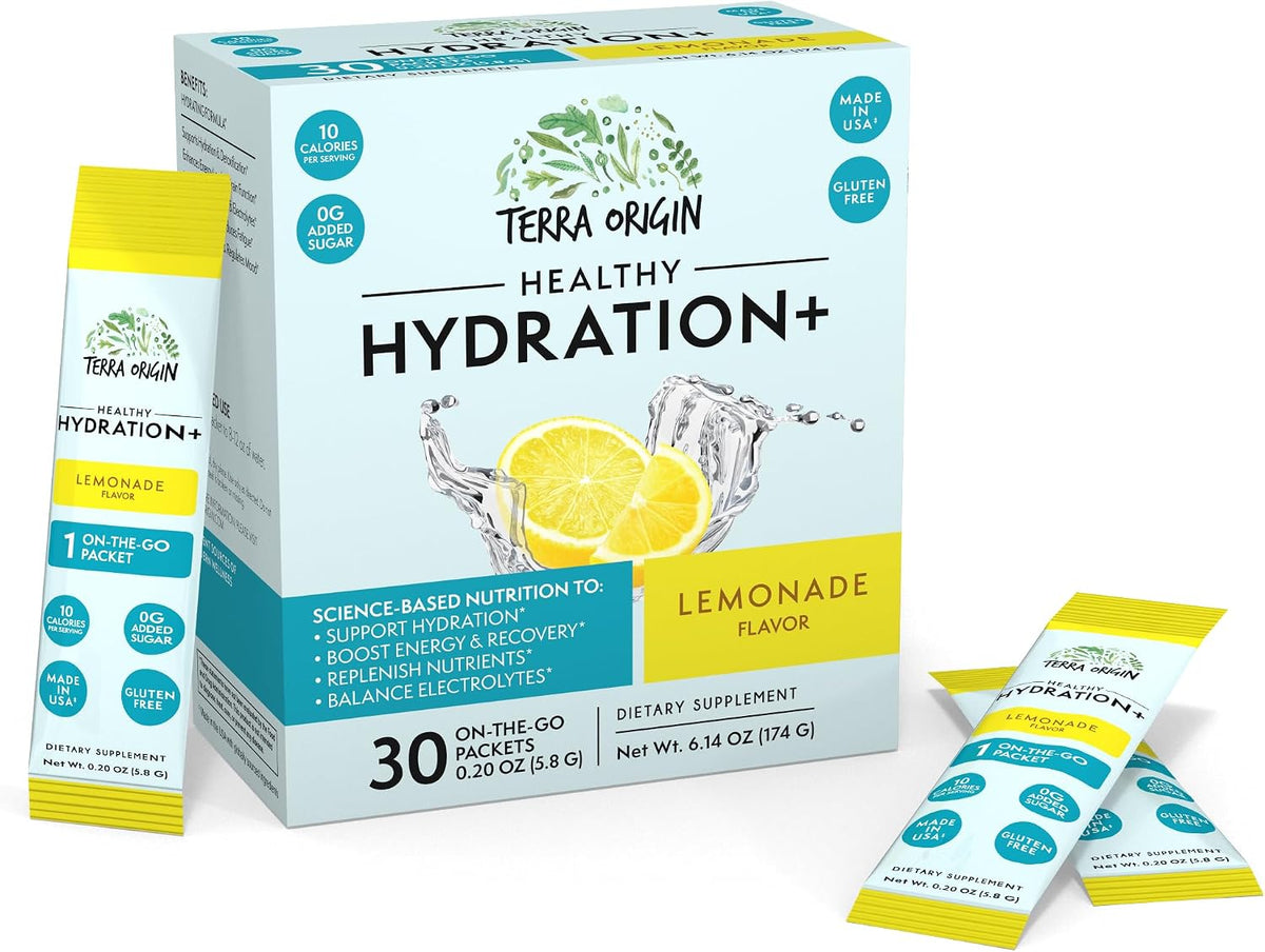 TERRA ORIGIN Healthy Hydration+ Electrolyte Powder Packets | Sugar Free, Gluten Free Drink Mix | Lemonade | 30 Servings (1-Pack)