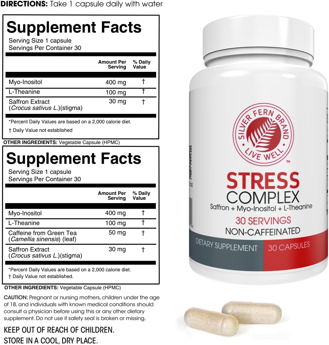 Silver Fern Stress Complex Supplement - Without Caffeine - Sleep, Worry | Mood & More - with Saffron Supplements, L-Theanine Supplement, & Myo-inositol - Natural Stress Relief Supplement (Pack of 1)