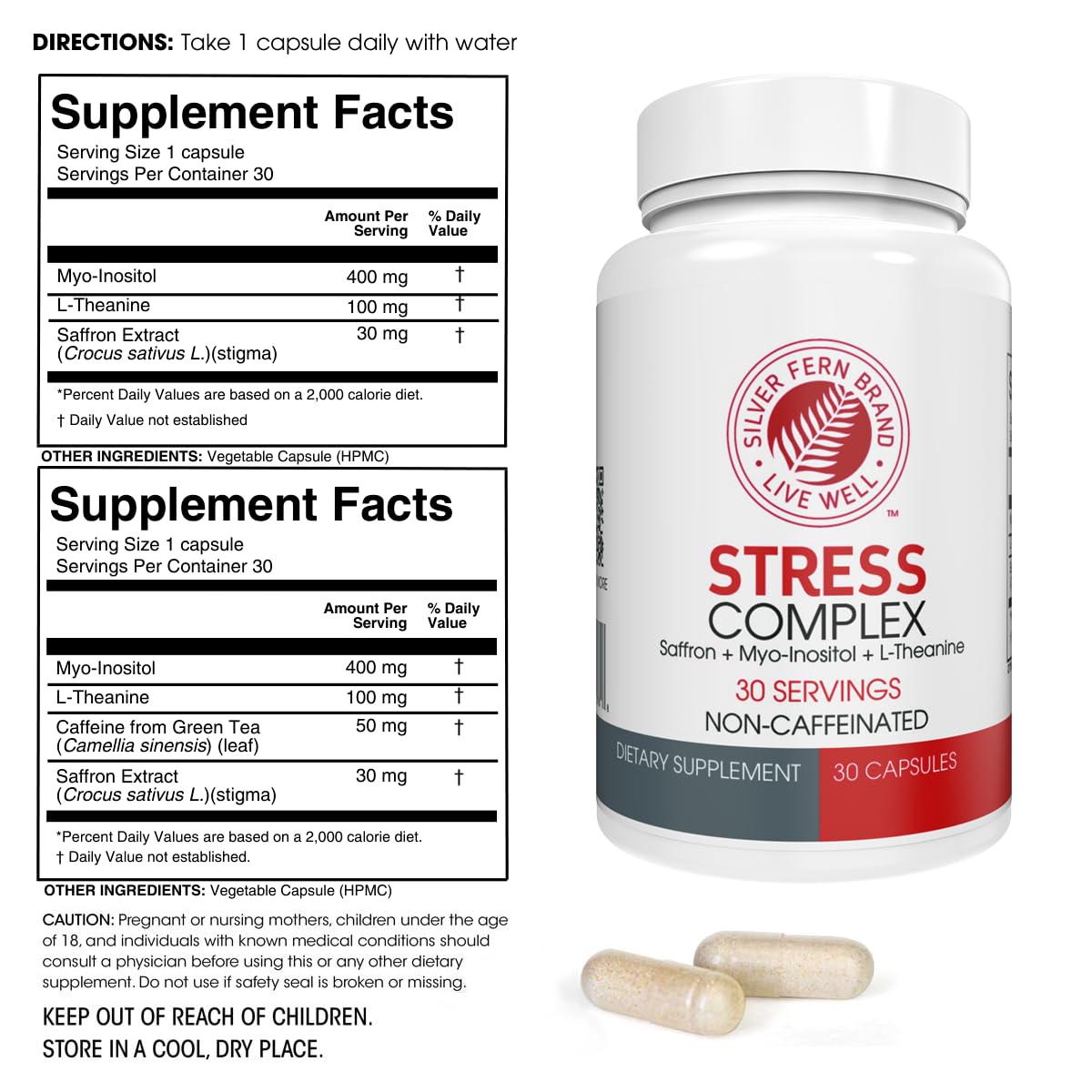 Silver Fern Stress Complex Supplement - Without Caffeine - Sleep, Worry | Mood & More - with Saffron Supplements, L-Theanine Supplement, & Myo-inositol - Natural Stress Relief Supplement (Pack of 1)