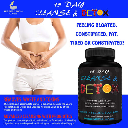 Research Labs 15 Day Colon Cleanse & Detox for Less Bloat Flat Tummy w/Probiotics - 2 Fer 1 - Constipation Relief - Flushes Toxins, Boosts Energy. Clinically Researched Safe and Effective Formula