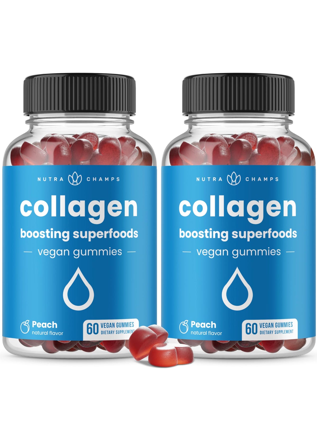 NutraChamps Collagen Boosting Gummies, Collagen Booster Gummy for Natural Collagen Production, Vegan Pectin Supplements Chews for Women & Men, 60 Peach Vitamins Gummies