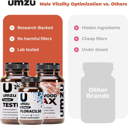 UMZU Redwood Max Floracil50 Testro-X Men’s Wellness Bundle Nitric Oxide Booster Circulation Support Probiotic Gut Health Formula Daily Energy Vitality Stack for Active Lifestyle Routine Support