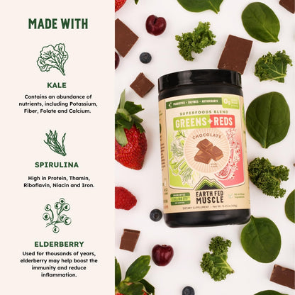 Earth Fed Muscle Greens and Reds Superfoods Blend, Piña Colada – Kale, Spirulina, Wheatgrass & Elderberry – Antioxidant Support, Vitamins & Probiotics – No Artificial Ingredients – 30 Servings | Kale, Spirulina, Wheatgrass & Elderberry, Antioxidant Suppor