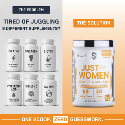 SteelFit Just for Women Creatine & Collagen Powder, Peach Mango | 5g Creapure Creatine Monohydrate & 3g Grass-Fed Collagen Peptides - Lean Muscle, Brain Health & Glowing Skin - 30 Servings