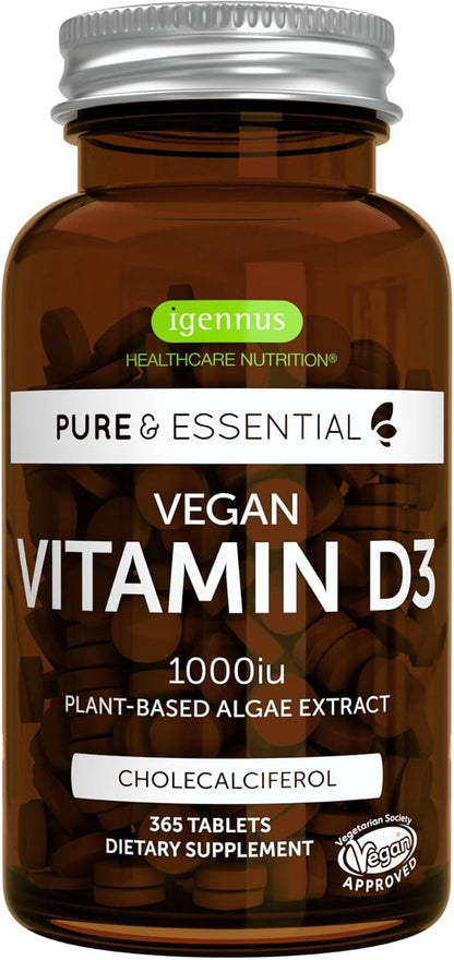 Igennus Natural Vegan Vitamin D3 1000IU, Clean Label, 365 Tablets, 100% Plant-Based Algae Cholecalciferol & Non-GMO, Immune, Bones & Teeth, 1-Year Supply