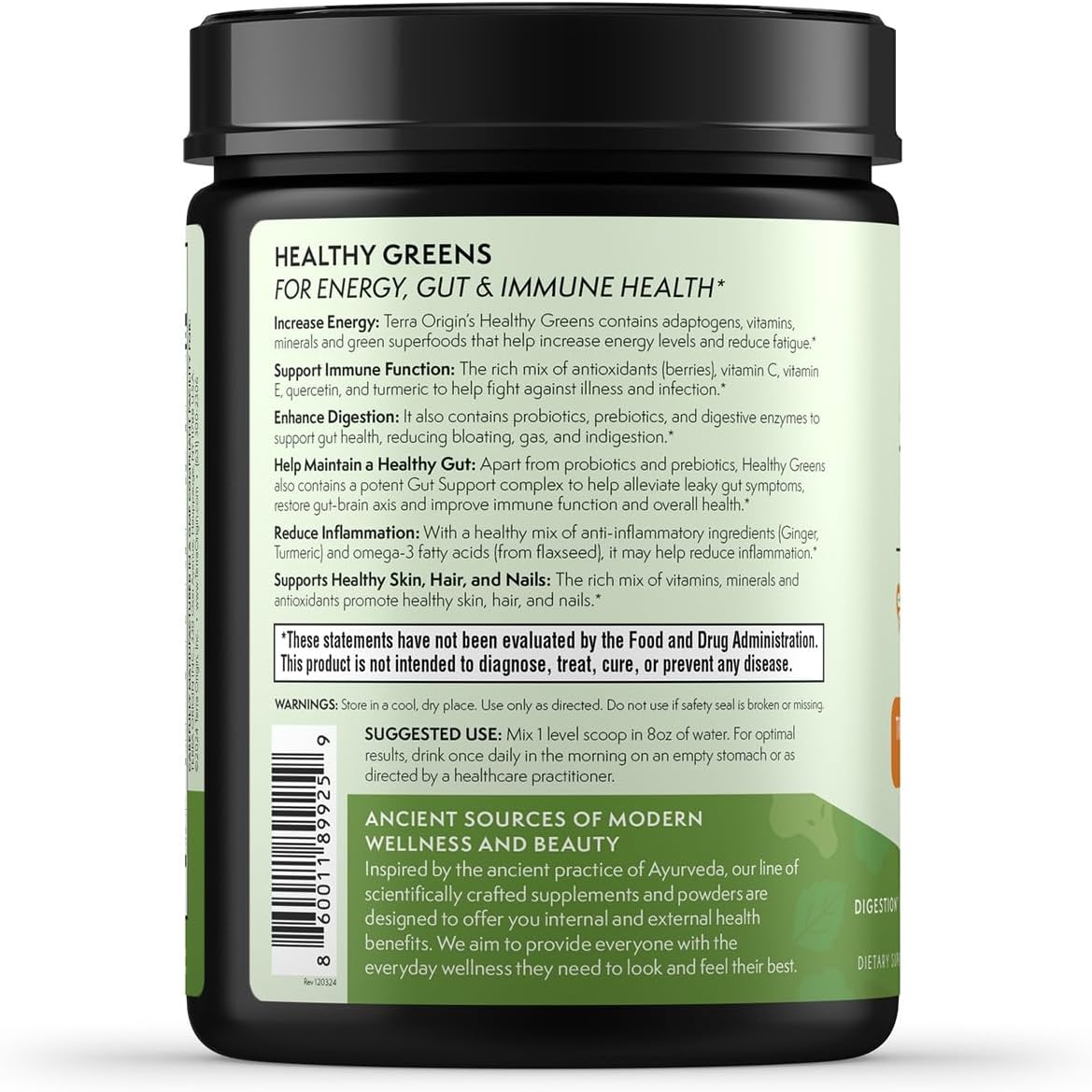 TERRA ORIGIN Greens Superfood Powder | Green Juice Powder with Probiotics & Enzymes | Plant Based Super Greens for Energy, Gut & Immune Support | Vegan, Non-GMO | 30 Servings Tropical Passionfruit