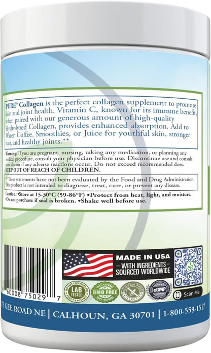 PURE® Hydrolyzed Marine Collagen Powder - 10g Collagen per Serving - 30 Servings Unflavored - with 100mg Vitamin C for Maximum Absorption - Skin, Hair, Nail & Joint Support - Non-GMO, Made in USA