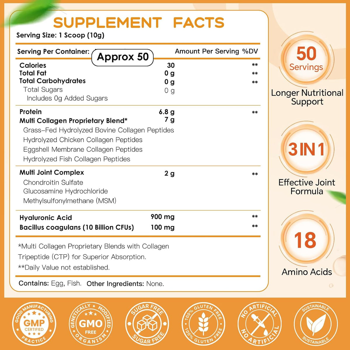 NATURE TARGET Multi Collagen Peptides Powder for Women Men, 50 Servings | Hydrolyzed Collagen Types I II III V X with Hyaluronic Acid & MSM for Skin, Hair, Nails & Joint, Non-GMO