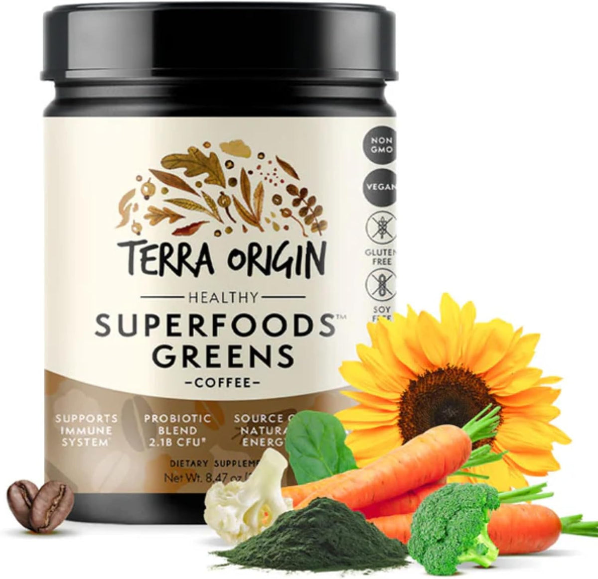 TERRA ORIGIN Superfoods Greens Blend | Organic Vegetable Supplement with Tumeric, Milk Thistle, Green Tea, Chlorella | Non-GMO, Gluten-Free, Vegan | Coffee | 30 Servings