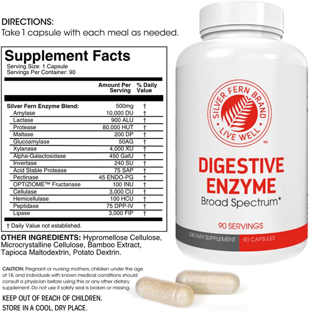 Silver Fern Brand Ultimate Digestive Enzyme Supplement 1 Bottle 90 Capsules | High Potency, Multi Enzyme - Digestive Comfort & Food Tolerance - Hemicullulase, Peptidase, Maltase, More