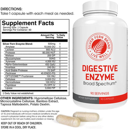 Silver Fern Brand Ultimate Digestive Enzyme Supplement 1 Bottle 90 Capsules | High Potency, Multi Enzyme - Digestive Comfort & Food Tolerance - Hemicullulase, Peptidase, Maltase, More