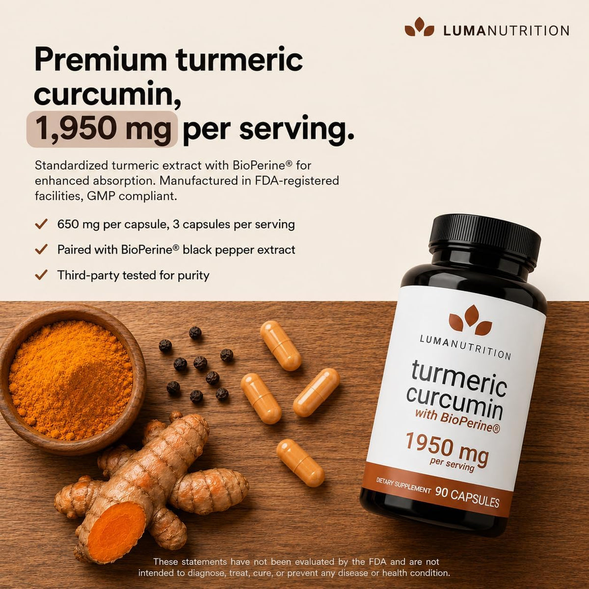 Luma Nutrition Turmeric Supplement Curcumin with Black Pepper - 90 Capsules