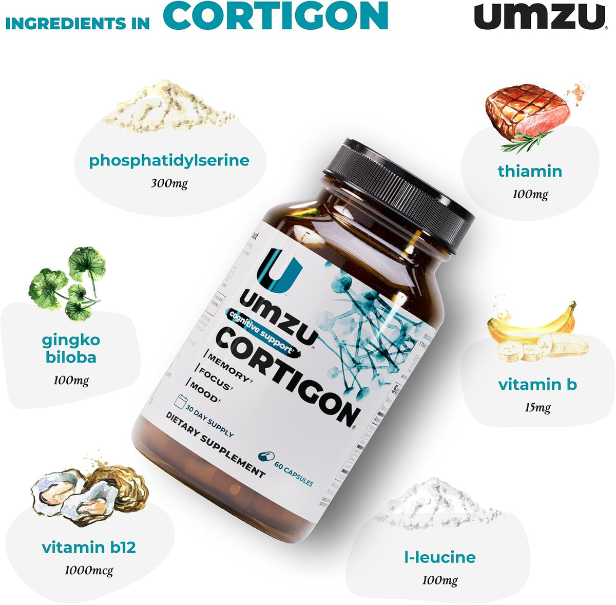 UMZU Cortigon Cortisol Support Supplement, 30 Day Supply | Ginkgo Biloba, Phosphatidylserine, Vitamins B6 and B12, Healthy Stress Response, Mood, Focus and Cognitive Support