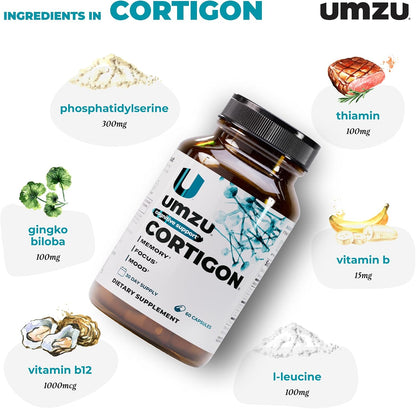 UMZU Cortigon Cortisol Support Supplement, 30 Day Supply | Ginkgo Biloba, Phosphatidylserine, Vitamins B6 and B12, Healthy Stress Response, Mood, Focus and Cognitive Support