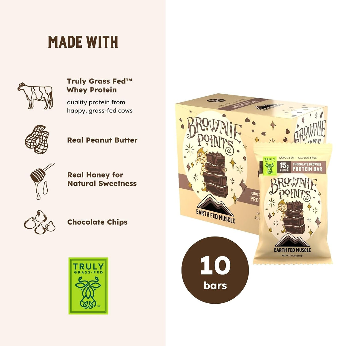 Earth Fed Muscle Brownie Points – Chocolate Brownie Grass Fed Whey Protein Bars | 15g Protein Snack | Gluten Free, Non-GMO, All-Natural Clean Energy | 2.12 oz Bars (10 Count)
